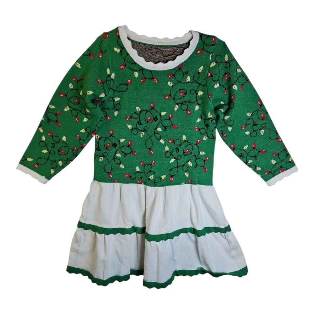 Kids4ever Green & White Christmas Light Print Sweater Dress White Skirt Size 6/7
